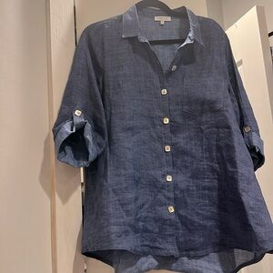 Habitat Denim Blue Linen Button Down Mother of Pearl buttons Shirt Size M  EUC